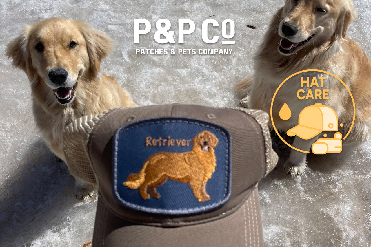 Image of a hat with a Golden Retriever on it and two dogs