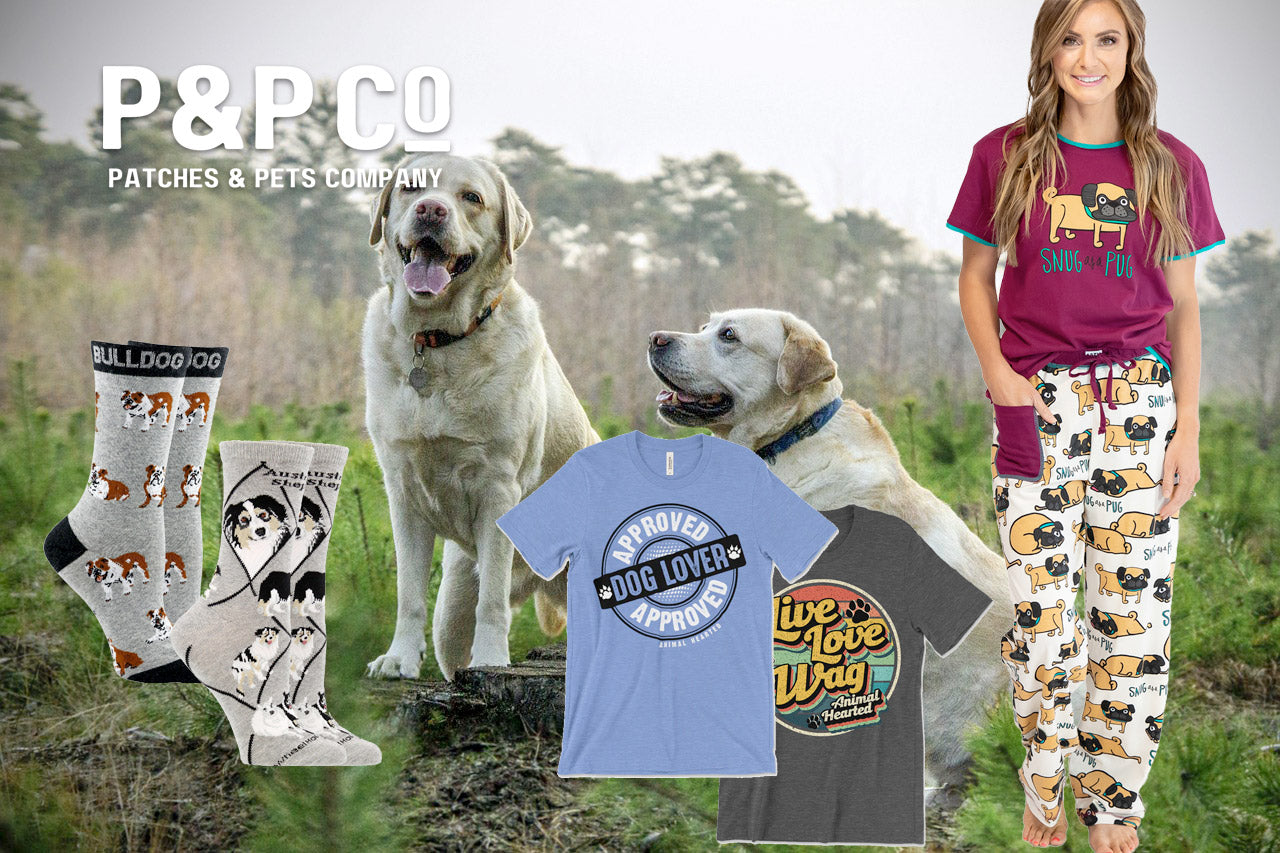 Collection of gift for people with dog on them including t-shirts, socks and pajamas