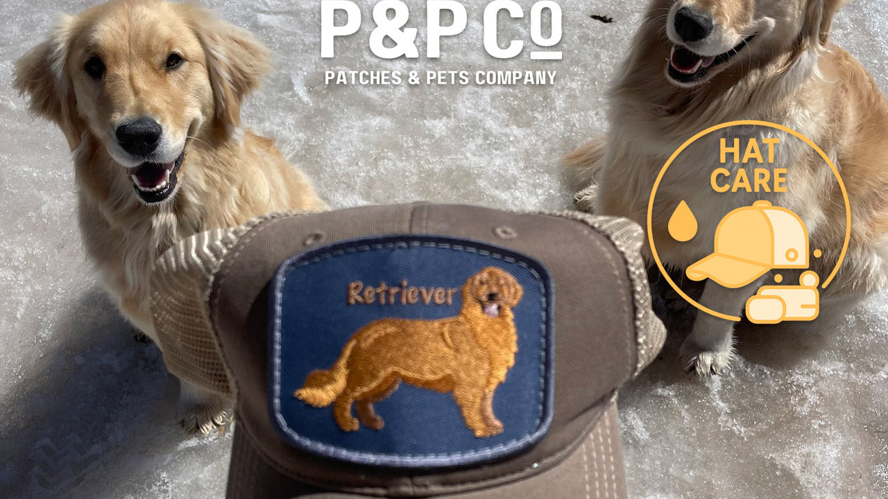Image of a hat with a Golden Retriever on it and two dogs