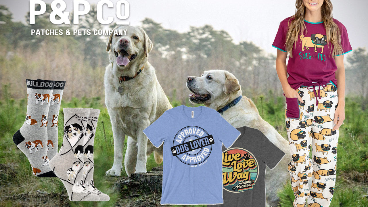Collection of gift for people with dog on them including t-shirts, socks and pajamas