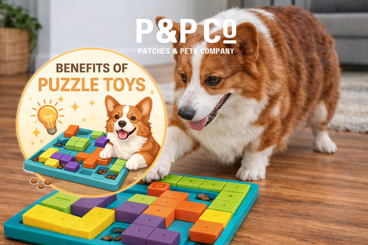 Dog solving an interactive puzzle toy for mental stimulation with “Benefits of Puzzle Toys” graphic overlay