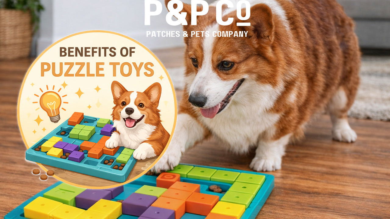 Dog solving an interactive puzzle toy for mental stimulation with “Benefits of Puzzle Toys” graphic overlay
