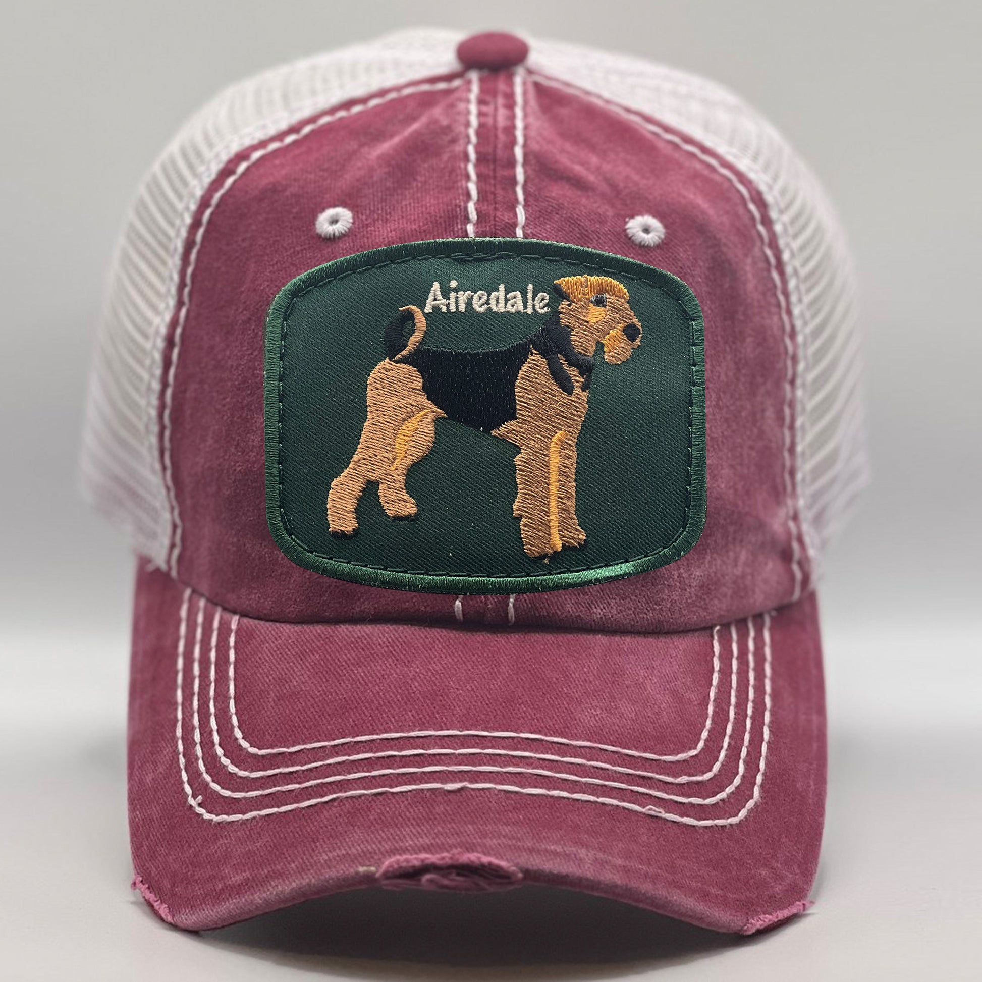 Airedale Dog Breed On Burgundy Vintage Distressed Trucker Hat